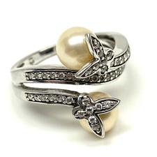 Vintage 925 Sterling Silver CZ  Double Pearl Bypass Style Ring Women's size 7