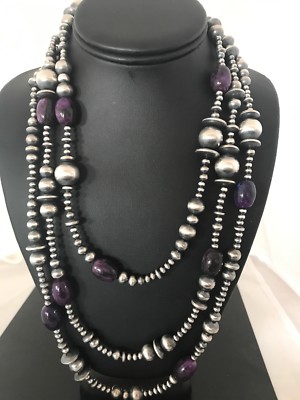 Native Long Navajo Pearls Sterling Silver Purple Stone Bead Necklace 70'' 08052