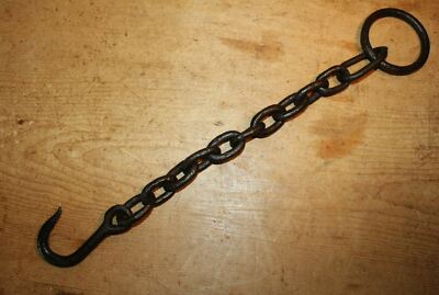 Antique Wrought Iron Hook on Length of Chain Beam Iron Ring 20