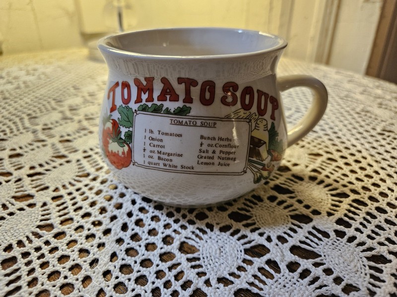 Vintage Ceramic Soup Stew Mug Bowl Cup with Handle Tomato Soup Recipe Cream Red
