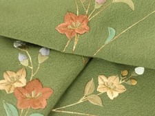 Japanese Kimono Visiting Fully Embroidered Flowers Gold Color Pure Silk