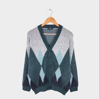 BEAMS HEART Herren Strickjacke grün Shaggy Grunge Argyle - Größe M