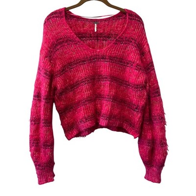 Free People Gelato Sweater Women's Small Pink Cozy Knit Striped Fuzzy V Neck