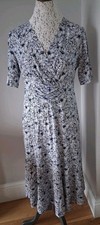 David Nieper Blue White Multi Petal Print Stretch Jersey Midi Dress UK 14 VGC