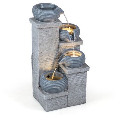 4-Tier Water Fountain, 23  Cascading Bowl Waterfall Fountain w/LED Lights & Pump