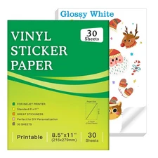 30 Sheets Premium Printable Vinyl Sticker Paper for Inkjet Printers, Glossy W...