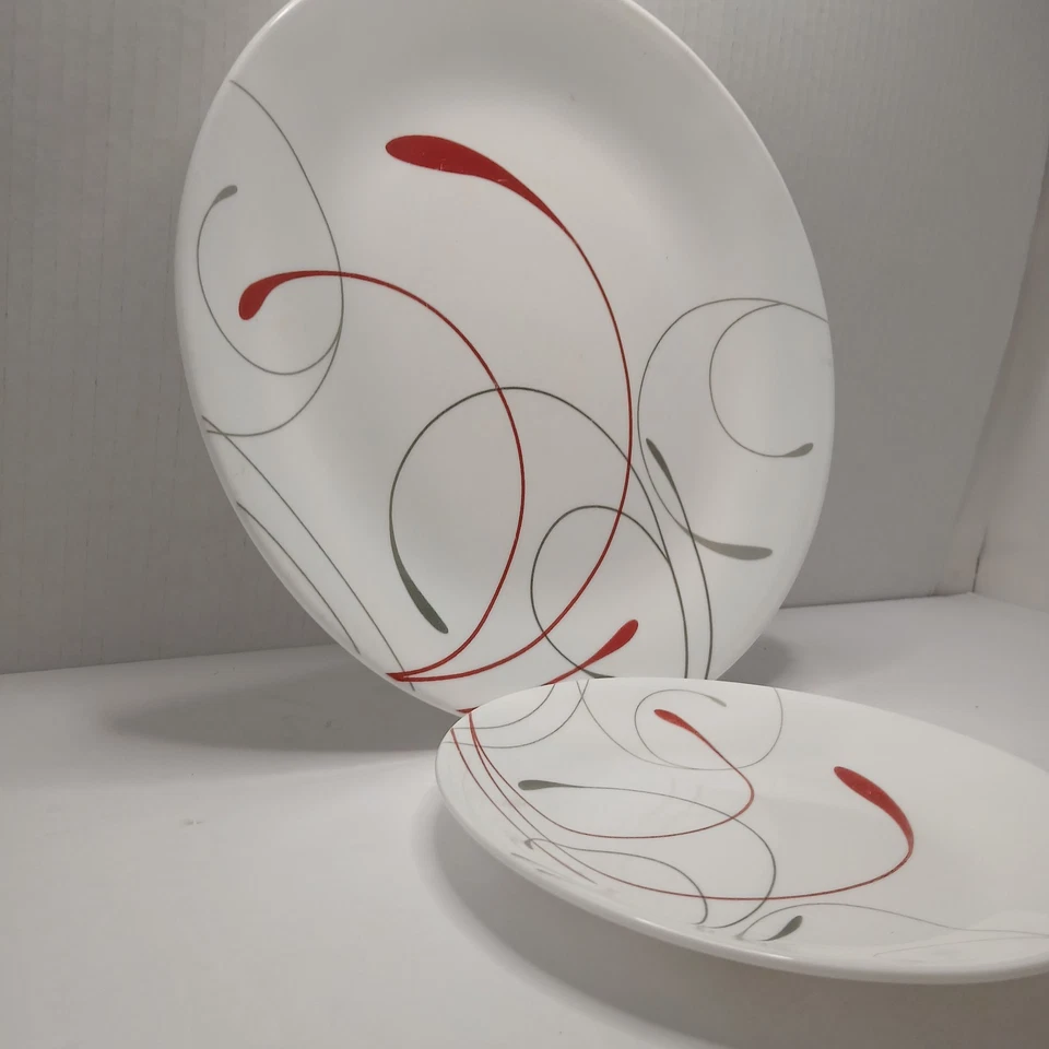 Two Piece Corelle Splendor Red And Grey Swirl Pattern.  - Image 2 of 4