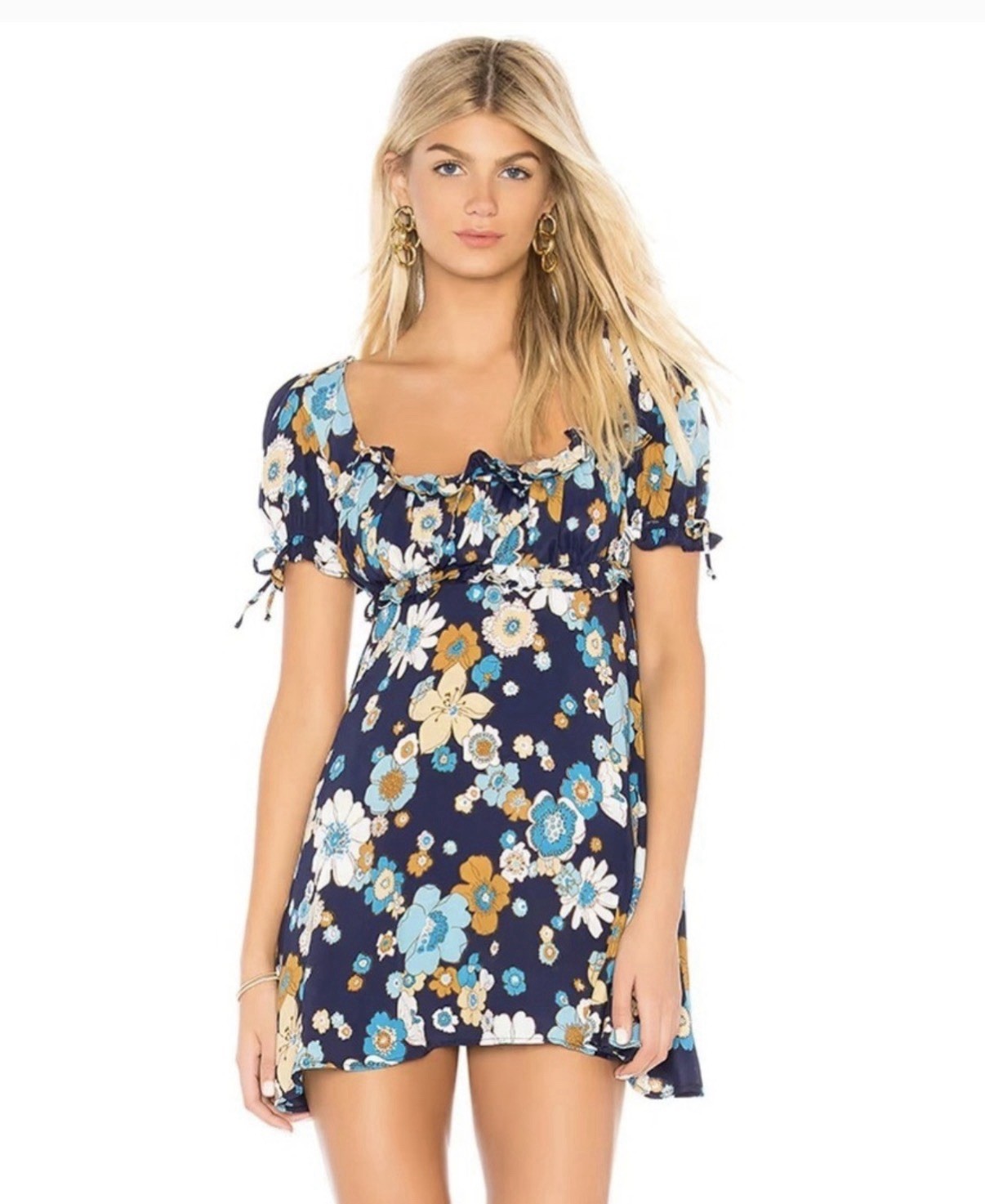 For Love & Lemons Midnight Magnolia Puff Sleeve Mini Dress Navy Blue Size S
