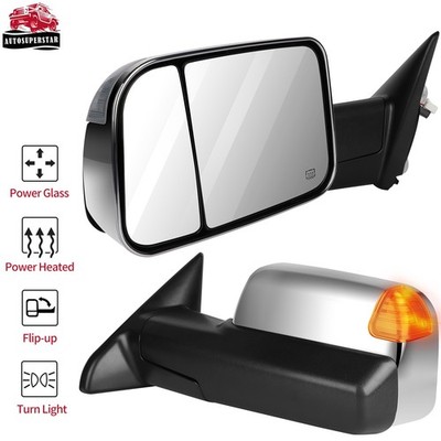 Chrome Power Heated Tow LED Puddle Lights Side Mirrors For Ram 1500 2011-2017