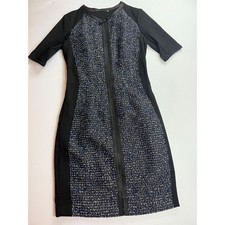 Elie Tahari Women's Black Blue Tweed Dress Zipper Front Short Sleeve