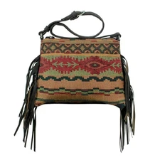 American West Womens Woven Tapestry Zip Top Multi-Color Leather Handbag Bag OS