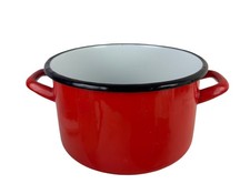 Red Enamelware Stock Pot Black Trim White Interior Two Loop Handles 9 x 5.5