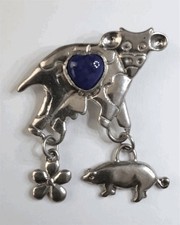 Cow/Lapis Lazuli Body, .925 Sterling Pin/Dangling Flower & Pig Charms, Signed