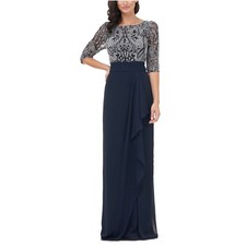 JS Collections Blue/White Evening Gown Embroidered Chiffon Column Dress Size 10