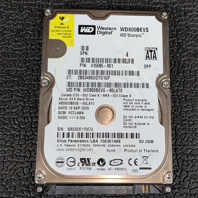 Western Digital Scorpio 80GB 2.5'' SATA Hard Drive - WD800BEVS-60LAT0 - TESTED