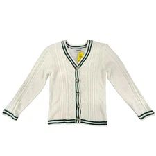 RSQ Cream Cable Knit Varsity Cardigan Sweater V-Neck Green Stripe Size M NWT