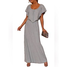 Women's S Gray Solid Off-the-Shoulder Satin Ruffle Flutter Maxi Dress