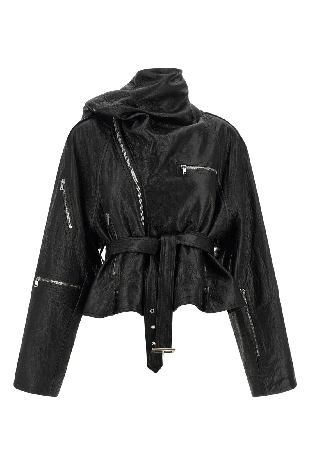 RICK OWENS Cropped Scarf Flight Black Leather Jacket New & Authentic image 3
