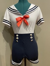 Women's Sailor Jumpsuit Costume with Hat, Red Bow, Button Accents
