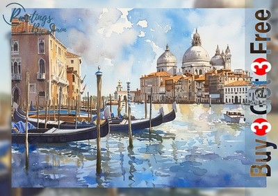 Venedig Aquarell Stadtbild Gemälde Druck 5''x7'' auf mattem Papier - Panoramablick