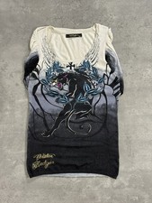 Camiseta sin mangas Ed Hardy por Christian Audigier cuello capucha mujer M tejido pantera tatuaje
