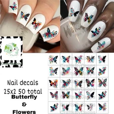 Butterflies Flowers Waterslide Decals Finger Nail, Instructions (set of 50) KC