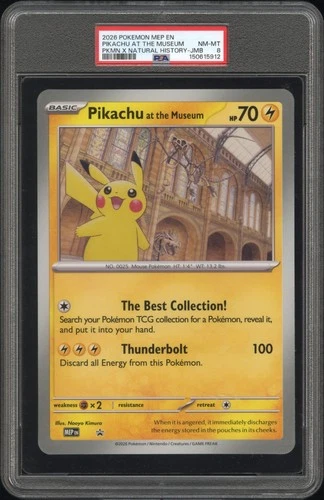 2026 POKEMON MEP EN-ME BLACK STAR PROMO PIKACHU AT THE MUSEUM PSA 8