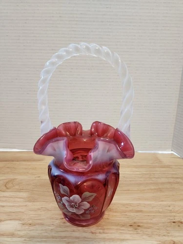 Fenton Signed Cranberry Opalescent Open Heart Arches Basket Bill & George Fenton