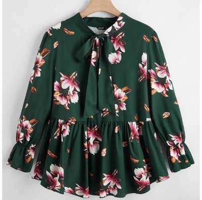 SHEIN Curve 3xl green Colorful Floral Peplum Blouse Tie Front Puff Sleeve 
