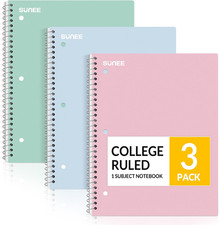 Spiral Notebooks, 3 Pack, 1-Subject, College Ruled Paper, 8" X 10-1/2", 70 Sheet