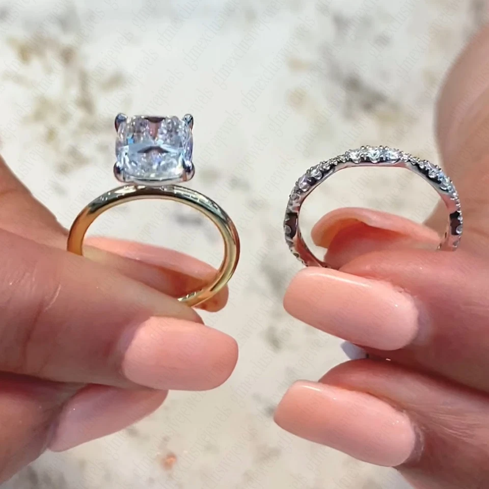 3.89TCW Cushion Moissanite Bridal Set Engagement Ring Solid 14K Two-Tone Gold - Image 4 of 4