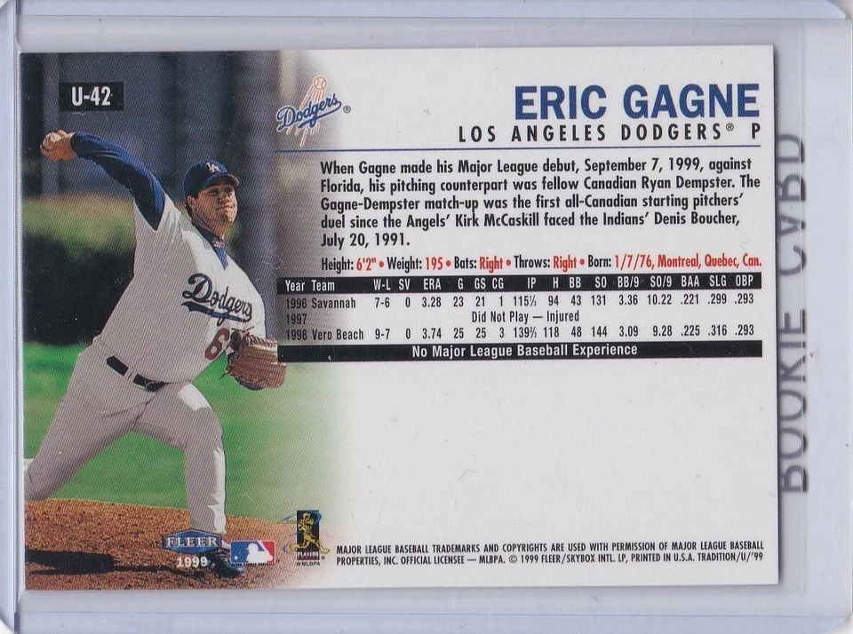 ERIC GAGNE ROOKIE CARD Los Angeles Dodgers 1999 FLEER TRADITION UPDATE BASEBALL  - Image 2 of 2