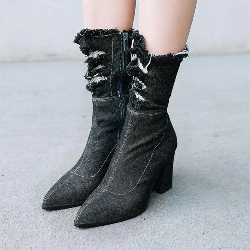 Damen Stiefeletten Schuhe Denim mittlere Wade spitz hohe Absätze gerissener Lochreißverschluss neu - Bild 3 von 16