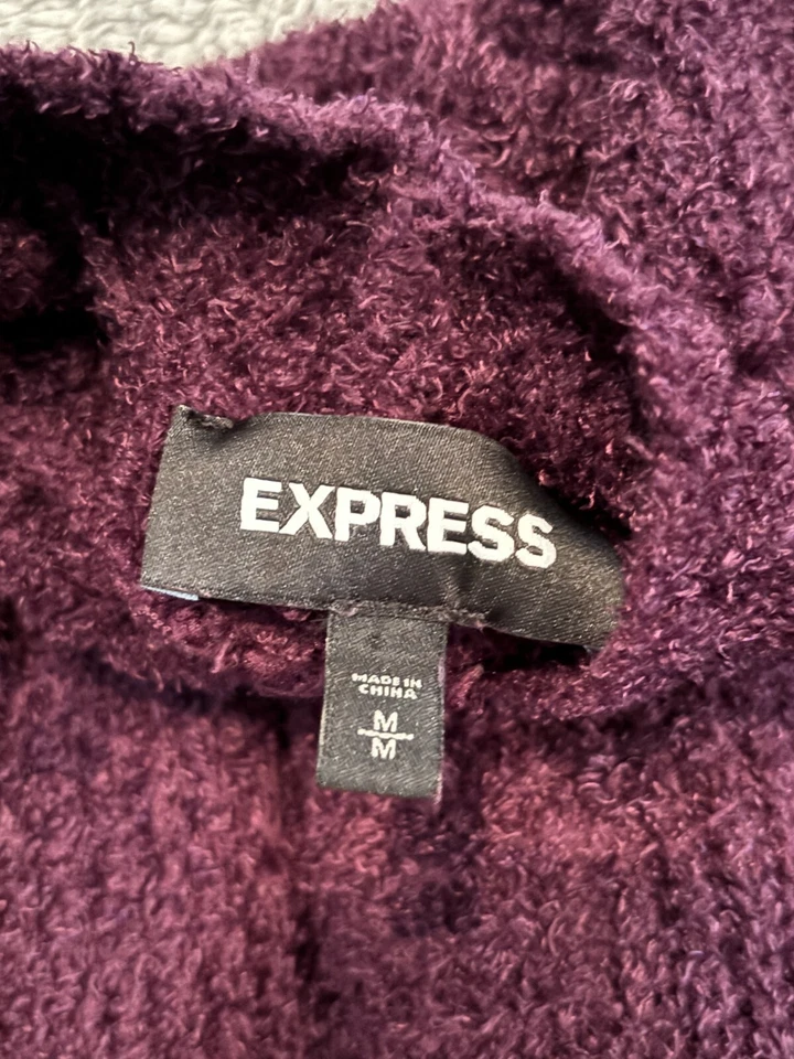 Cárdigan suéter Express para mujer manga larga mediana frente abierto púrpura borgoña Foto 2 de 4