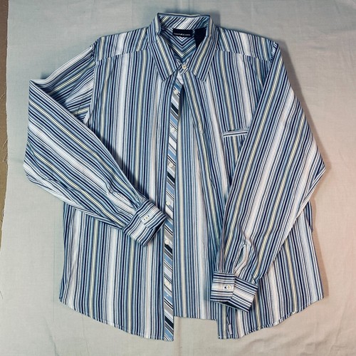 DKNY Jeans Shirt Mens Large Button Up Long Sleeve Blue Green Striped