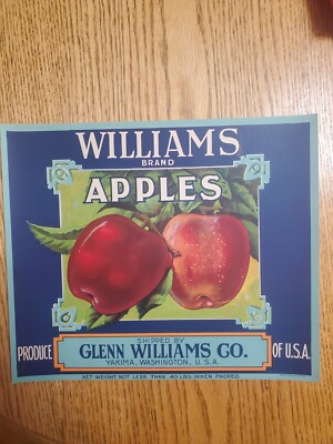 ORIGINAL FULL SIZE WILLIAMS APPLE WOOD BOX CRATE LABEL GLENN WILLIAMS CO YAKIMA