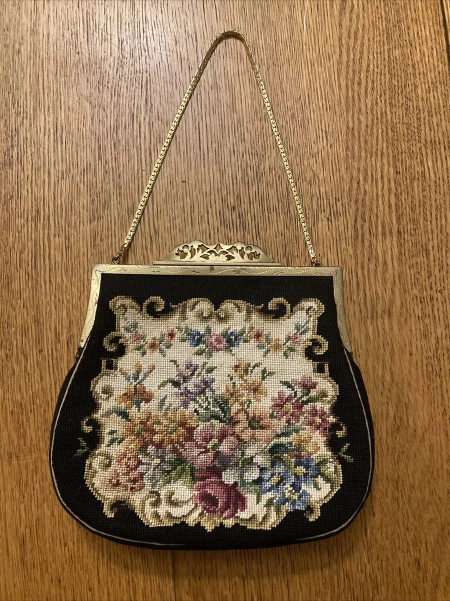 Antique/Vintage Petit Point Floral Tapestry Clutch Purse Made in Austria