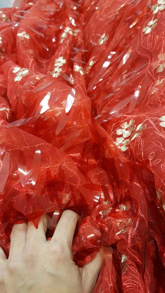 3d Sequin Lace Red Embroidered floral gold flowers long Red Sequin on mesh By Yd - Image 4 of 4