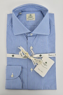 NWT LUIGI BORRELLI Napoli Lt Blue and White Striped Cotton Dress Shirt 18 45