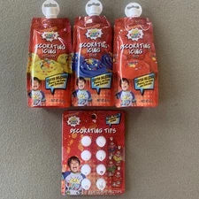 Lot of 3 Ryan's World Decorating Icing Frosting Yellow Blue Red; Plus Tips