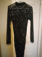 Raunched Hem Dress- Black Sheer With Silver Stars-Long Sleeves-OSFM