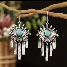 Turquoise Boho Western Style Earrings Intricate Eye Dangle Design