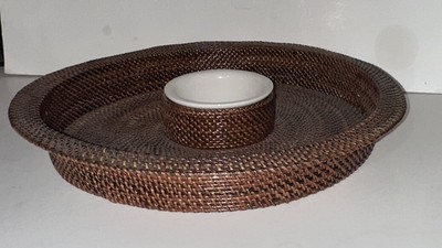 William-Sonoma Chip N Dip Basket Tray &Ceramic Dip Bowl Nito Hand Woven 13  NWT