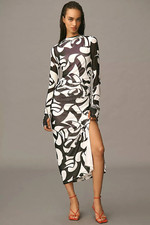 Farm Rio Mesh Dress Mock Neck Anthropologie Slim Midi Abstract Romantic Sz L NEW