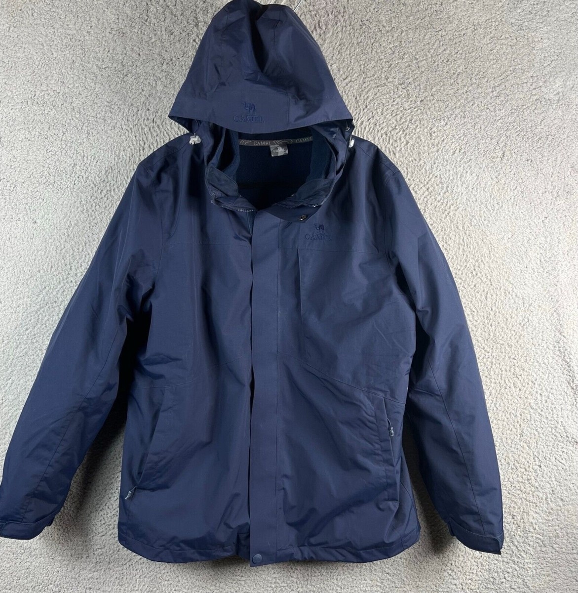 Vintage Camel Cigarette Jacket Mens L Flannel Lined Full Zip Snap Coat Hood  Blue