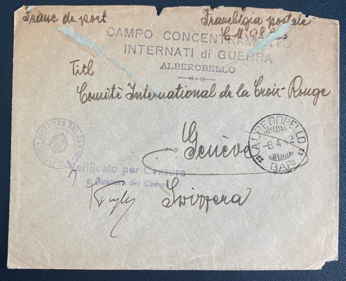1942 Alberobello Italy Concentration Camp Cover to Red Cross Geneva Switzerland