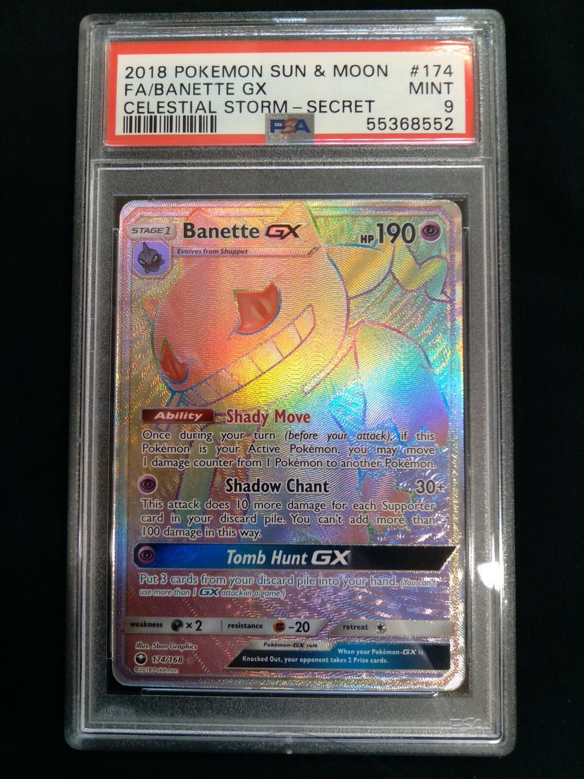 Graded PSA 9 2018 Pokemon Sun & Moon BANETTE GX #174 Celestial Storm MINT