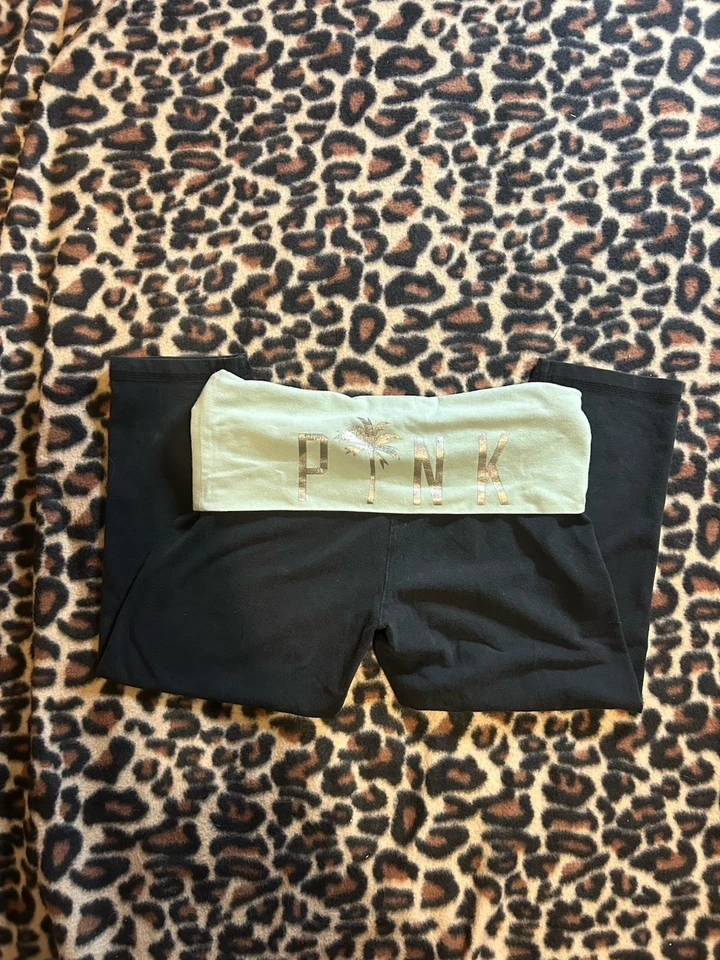 Y2K RARE PINK palm tree teal foldover capri leggings (Small) - Image 3 of 4