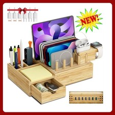 Bamboo Charging Station Dock 7 n 1 USB Wood Phone Tablet Watch Desktop Organizer