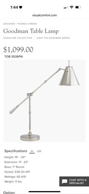 Thomas O Brien Goodman Table Lamp Visual Comfort Polished Silver TOB 3536PN